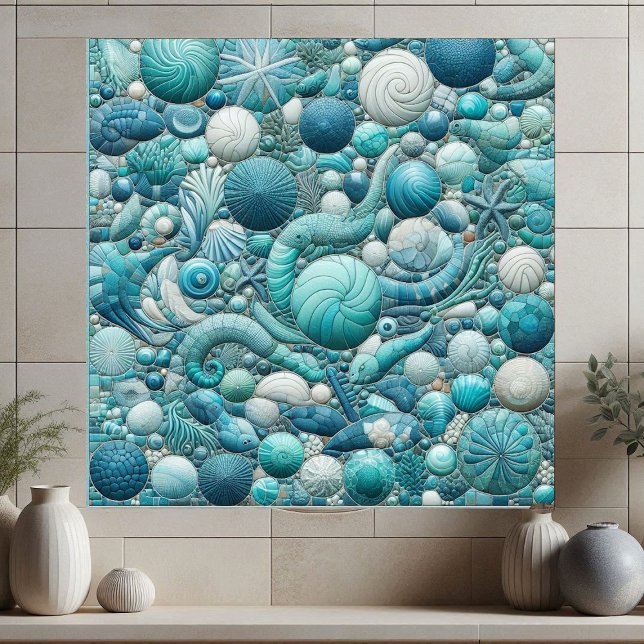 Azulejo De Cerâmica Stunning Underwater Shells Aquamarine Blue Mosaic  (Stunning Underwater Shells Aquamarine Blue Mosaic Ceramic Tile)