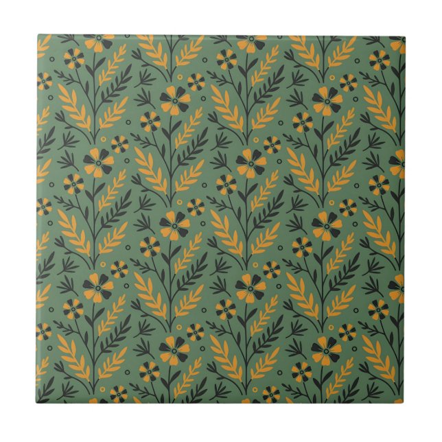 Azulejo De Cerâmica Stylized botanical orange and black floral pattern (Frente)