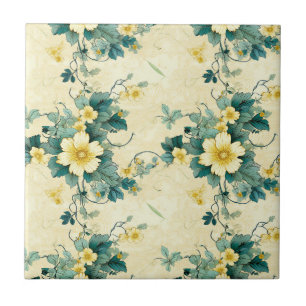 Azulejo De Cerâmica Suave Floral de Cottage Bege Teal Dália