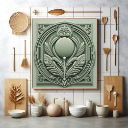Azulejo De Cerâmica Suave Motivo Botânico Simétrico Art Déco em Verde