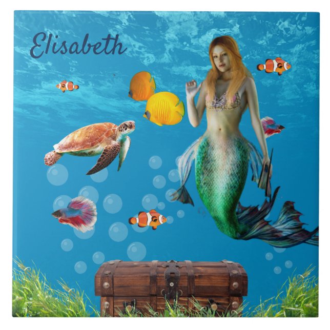 Azulejo De Cerâmica Submarino Sereia Treasure Hunt Fantasy Blue (Frente)