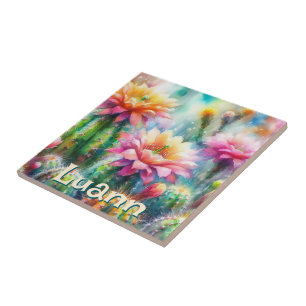 Azulejo De Cerâmica Suculentas Floridas em Aquarela Personalizadas