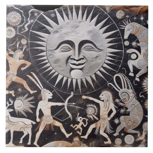 Azulejo De Cerâmica Sudoeste de Petrogliph Design Moon Dança (Frente)