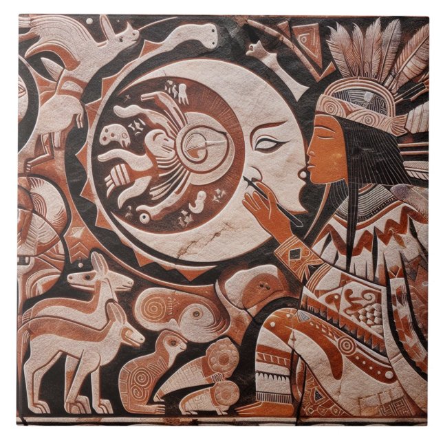 Azulejo De Cerâmica Sudoeste de Petrogliph Design Moon Dança (Frente)