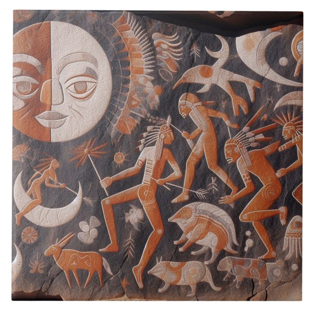 Azulejo De Cerâmica Sudoeste de Petrogliph Design Moon Dança (Frente)