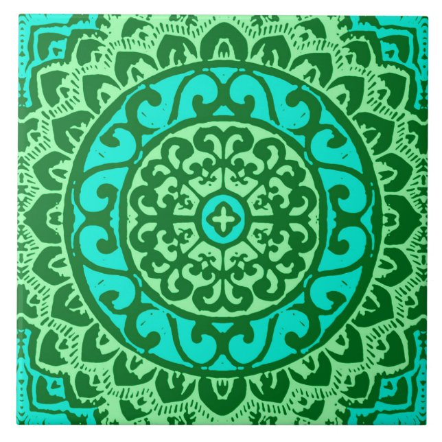 Azulejo De Cerâmica Sudoeste do Sol Mandala Batik, Verde limão (Frente)