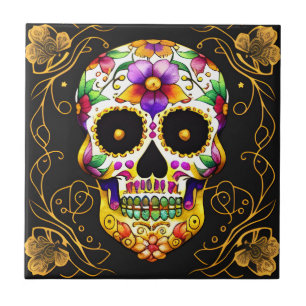 Azulejo De Cerâmica Sugar Skull Art - Captivação do Dia de los Muertos