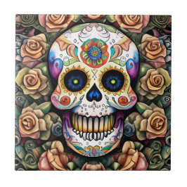 Azulejo De Cerâmica Sugar Skull Art - Celebração Colorida Mexicana