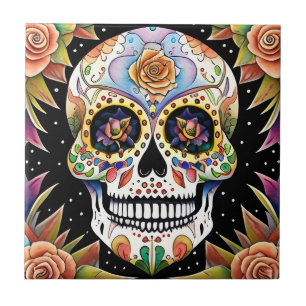 Azulejo De Cerâmica Sugar Skull Art - Colorida Design Fiesta Mexicana