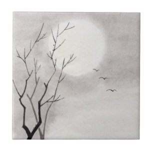 Azulejo De Cerâmica Sumi-e japonês do cenário da lua da noite do