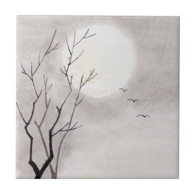 Azulejo De Cerâmica Sumi-e japonês do cenário da lua da noite do (Frente)