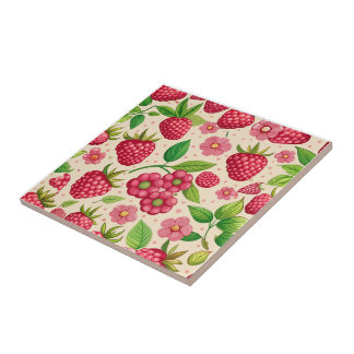 Azulejo De Cerâmica Summer Raspberry Garden Botanical Fruit Pattern