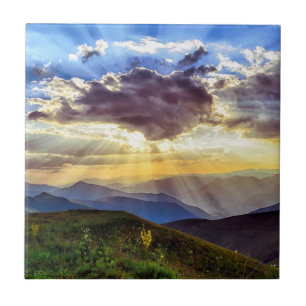 Azulejo De Cerâmica Sun Rays Mountain Range Colinas verdes