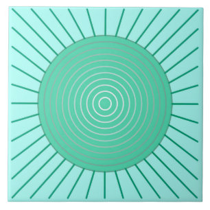 Azulejo De Cerâmica Sunburst geométrico moderno - Aqua e verde de