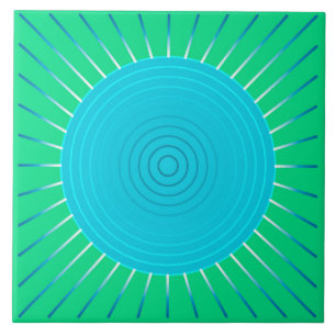 Azulejo De Cerâmica Sunburst geométrico moderno - azul e verde de jad