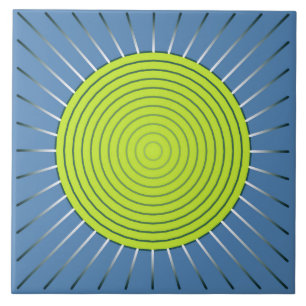 Azulejo De Cerâmica Sunburst Geométrico Moderno - Limão e Azul Denim