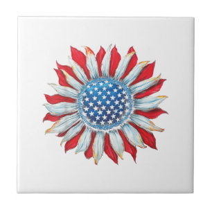 Azulejo De Cerâmica Sunflower American Flag 4 de julho Women Men Meri