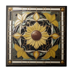 Azulejo De Cerâmica Sunflower Art Deco Nouveau Amarelo e Preto