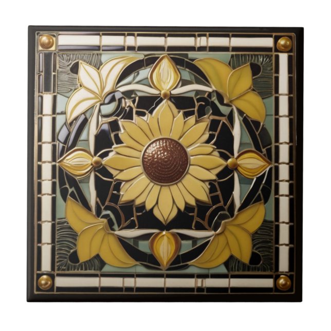 Azulejo De Cerâmica Sunflower Art Deco Nouveau Amarelo e Preto (Frente)