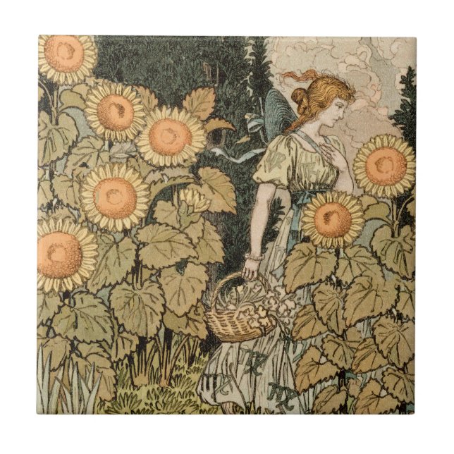 Azulejo De Cerâmica Sunflower Art Nouveau Garden Grasset Woman (Frente)