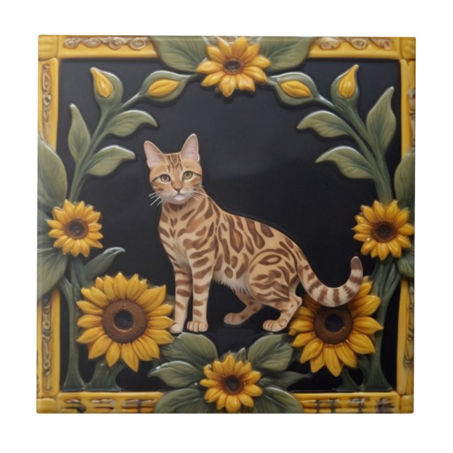 Azulejo De Cerâmica Sunflower Cats - Bengal Cat & Yellow Sunflowers (Frente)