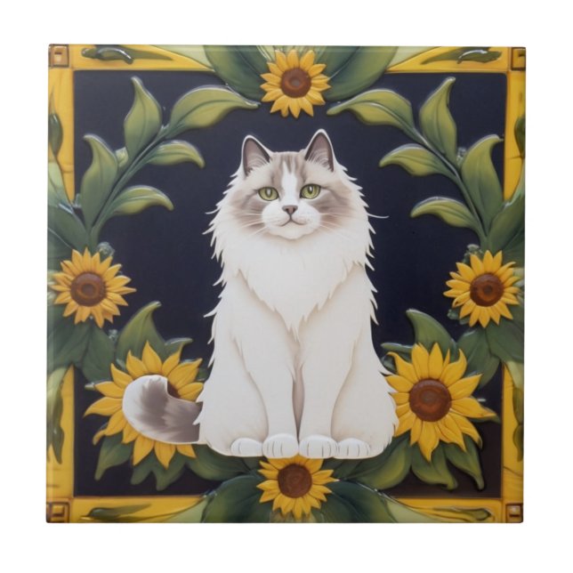 Azulejo De Cerâmica Sunflower Cats - Ragdoll Cat & Yellow Sunflowers (Frente)
