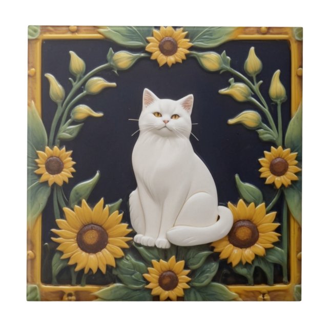 Azulejo De Cerâmica Sunflower Cats - White Cat & Yellow Sunflowers (Frente)