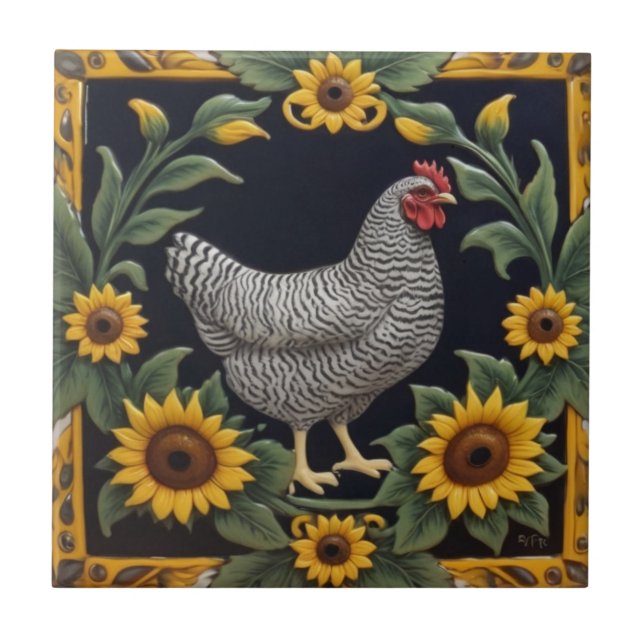 Azulejo De Cerâmica Sunflower Chicken - Grey Hen & Sunflowers (Frente)