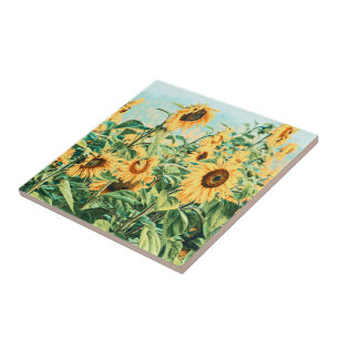Azulejo De Cerâmica Sunflower Field Yellow Teal Floral Art Design