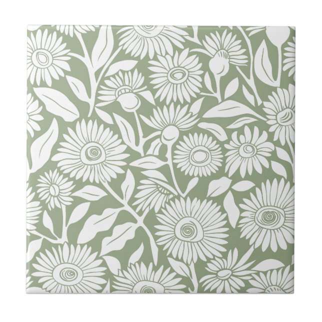 Azulejo De Cerâmica Sunflower Sage - Monocromo Mínimo Verde (Frente)