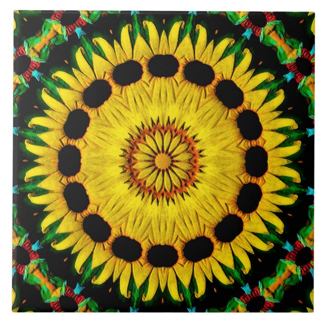 Azulejo De Cerâmica Sunny Black Eyed Susan Rudbeckia Mandala Abstrato (Frente)