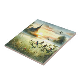 Azulejo De Cerâmica Sunrise Church with Birds in Misty Meadow No Verse