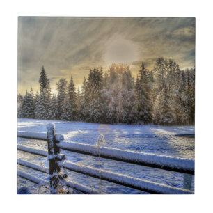 Azulejo De Cerâmica Sunrise em uma pastagem de inverno em neve