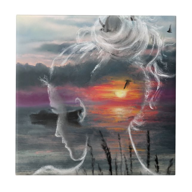 Azulejo De Cerâmica Sunrise Lady - Natureza - Pintura Original (Frente)