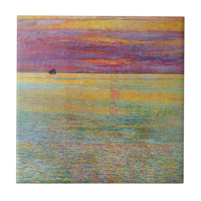 Azulejo De Cerâmica Sunset at Sea (por Childe Hassam) (Frente)