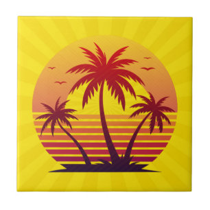 Azulejo De Cerâmica Sunset com Palm Trees Vetor-98805