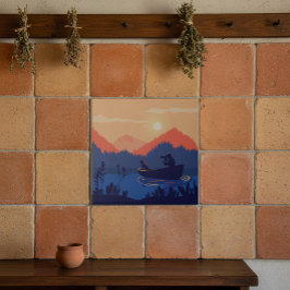 Azulejo De Cerâmica Sunset Lake Canoe Illustration