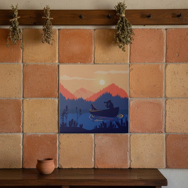 Azulejo De Cerâmica Sunset Lake Canoe Illustration (Criador carregado)