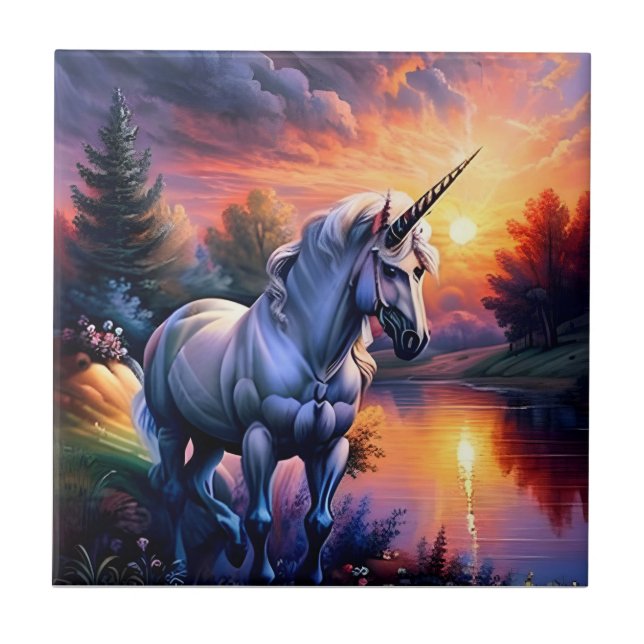 Azulejo De Cerâmica Sunset Lake River Unicorn Seven (Frente)