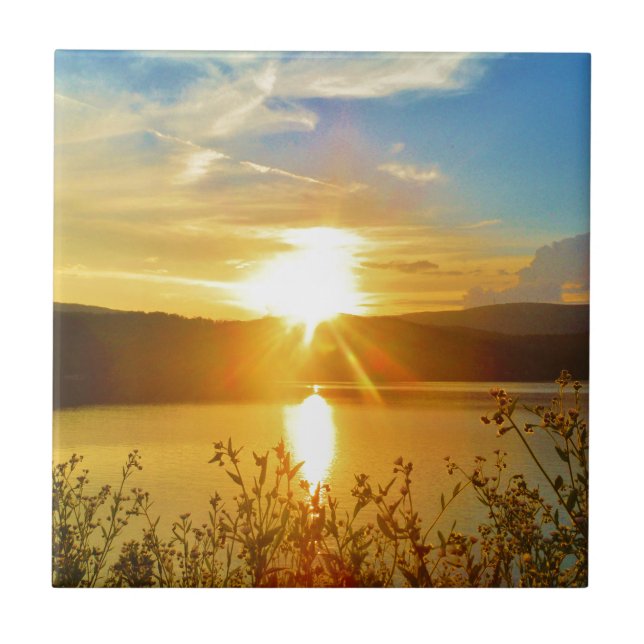 Azulejo De Cerâmica Sunset no lago de montanha (Frente)