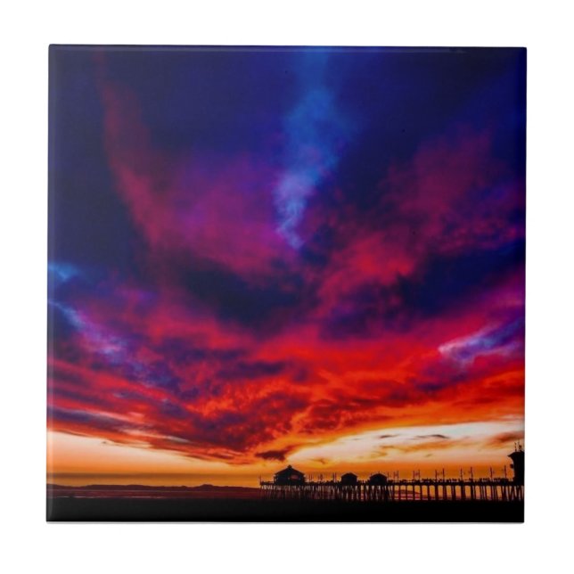 Azulejo De Cerâmica Sunset no Pier, Huntington Beach, CA (Frente)