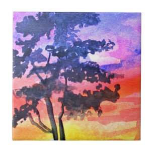 Azulejo De Cerâmica Sunset Palm tree surf arte
