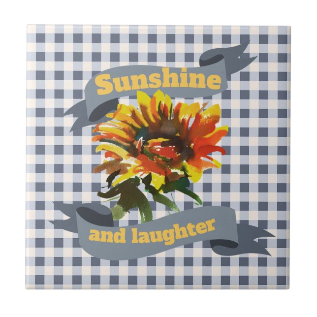 Azulejo De Cerâmica Sunshine Sunflower Blue-cinza Gingham (Frente)