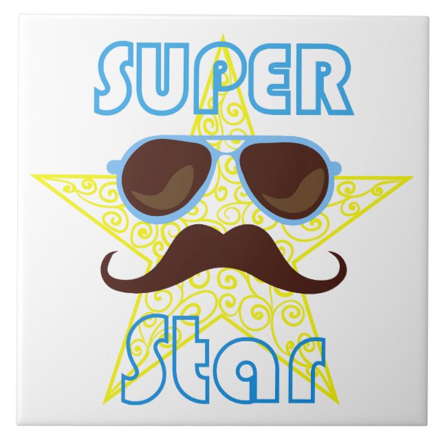 Azulejo De Cerâmica Super Star de óculos de sol e bigode (Frente)