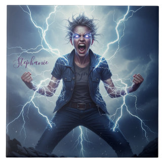 Azulejo De Cerâmica Superhero Lightning Energy Woman