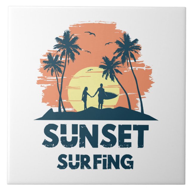 Azulejo De Cerâmica Surfe - Surfe no Sunset (Frente)