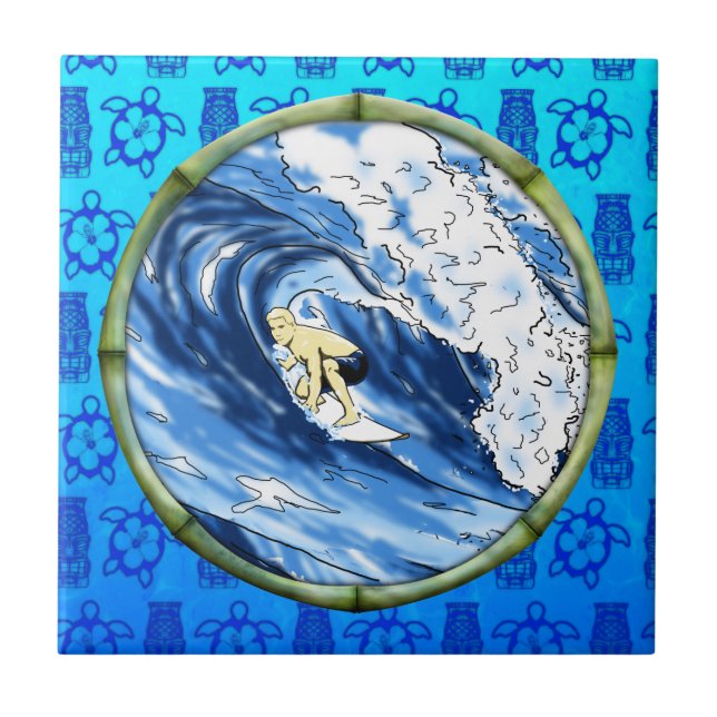 Azulejo De Cerâmica Surfista no círculo de bambu (Frente)