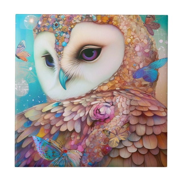 Azulejo De Cerâmica Surreal Owl Fantasy Art (Frente)