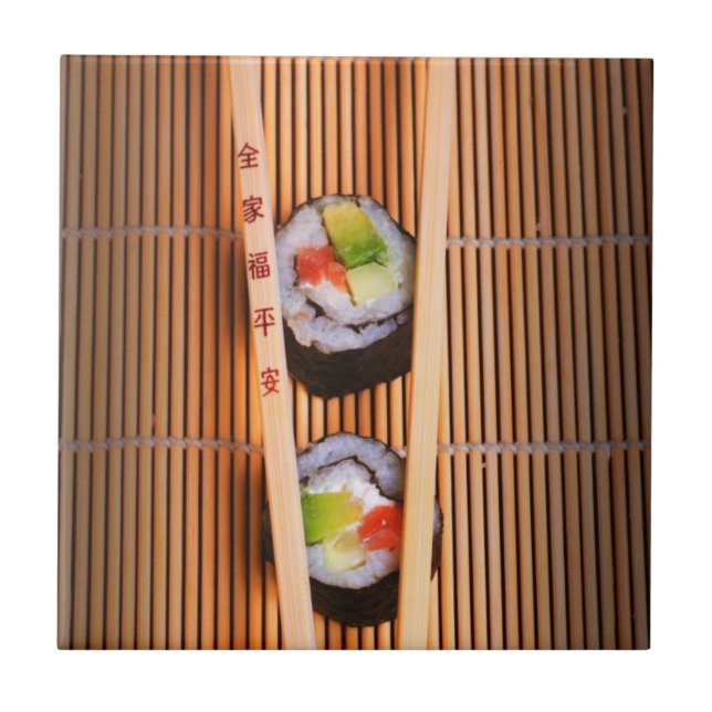 Azulejo De Cerâmica Sushi e chopsticks de madeira (Frente)