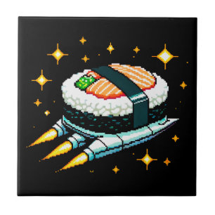 Azulejo De Cerâmica Sushi Spaceship Pixel Art Voando Sushi Roll Design